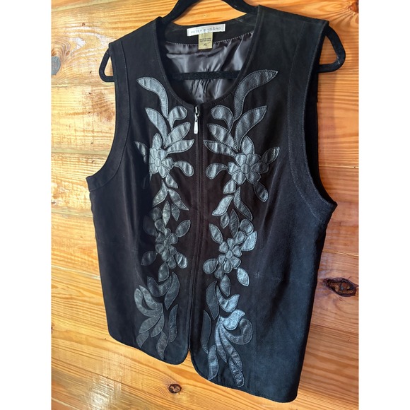 Vintage Peter Nygard Black Suede Leather Floral Vest Women's XL Western‎ Boho - Picture 2 of 7
